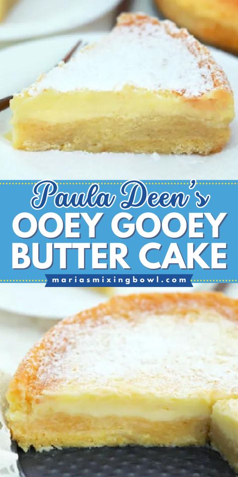 Paula Deen's ooey gooey butter cake recipe! It's an easy dessert idea. Moist and fluffy with a rich and buttery cream cheese topping, this pound cake will become one of your favorite things to bake. Such a yummy cake flavor! Ooey Gooey Butter Cake Recipe, Best Butter Cake Recipe, Gooey Butter Cake Recipe, Easy Dessert Idea, Things To Bake, Ooey Gooey Butter Cake, Easy Cakes To Make, Cream Cheese Topping, Paula Deen Recipes