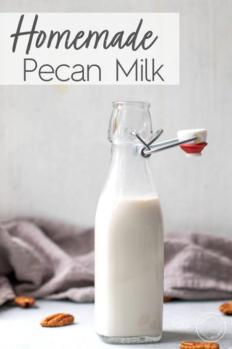 Learn how to make homemade pecan milk! This dairy-free milk is creamy and delicious and just lightly sweetened with maple syrup or dates. Add it to your coffee, tea, or breakfast oats. #pecans #plantbased Pecan Milk Recipe, Pecan Milk, Breakfast Oats, Milk Plant, Homemade Scrub, Nut Milk Bag, Beverage Recipes, Roasted Pecans, Vegan Milk