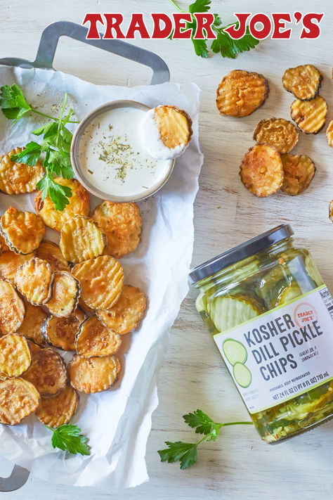 Trader Joe's Kosher Dill Pickle Chips used in recipe for 'Fried Pickle Chips'; on a silver tray with parchment papger, a side dish of ranch dressing and parsley garnish Fried Pickle Chips, Birthday 28, Burger Sandwich, Garlic Ranch, Dill Pickle Chips, Pizza Topping, Pickle Chips, Ranch Recipe, Hot Pack