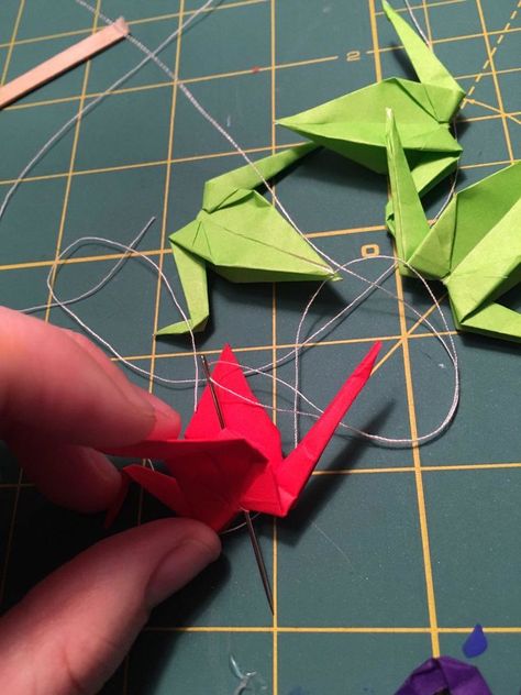 Origami Crane Mobile: 5 Steps (with Pictures) Origami Crane Mobile Diy, Origami Crane Display, Origami Mobile Diy Tutorials, Paper Crane Garland, Hanging Paper Cranes, Origami Crane Mobile, Paper Crane Mobile, Crane Mobile, Origami Mobile