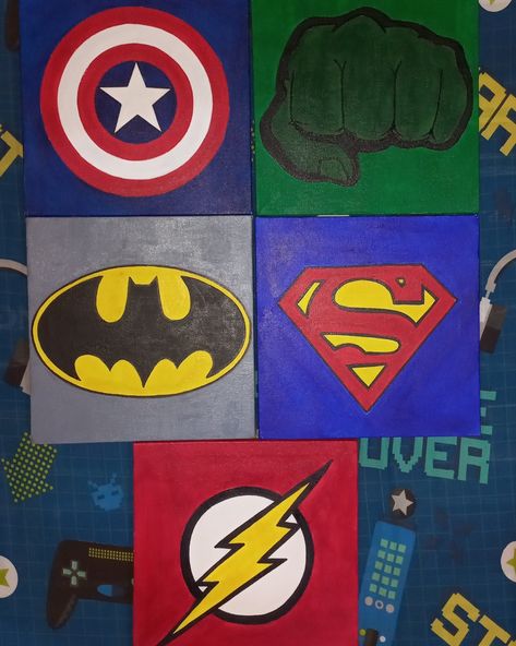 Set of 5 paintings of superhero logos. On 10" by 10" canvasses with acrylic medium. Characters Painting, Superhero Pictures, Art Superhero, Simple Paint, Acrylic Medium, Small Canvas Art, Small Canvas, Superhero Logos, Superman