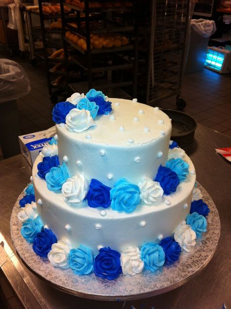 Birthday Cakes - Butter cream wedding cake w/ Light blue , royal blue and white roses Buttercream Transfer Tutorial, Truck Smash Cake, Light Blue Wedding Cake, Buttercream Transfer, Blue Birthday Cake, Cream Wedding Cakes, Red Birthday Cakes, Little Blue Truck, Blue Birthday Cakes