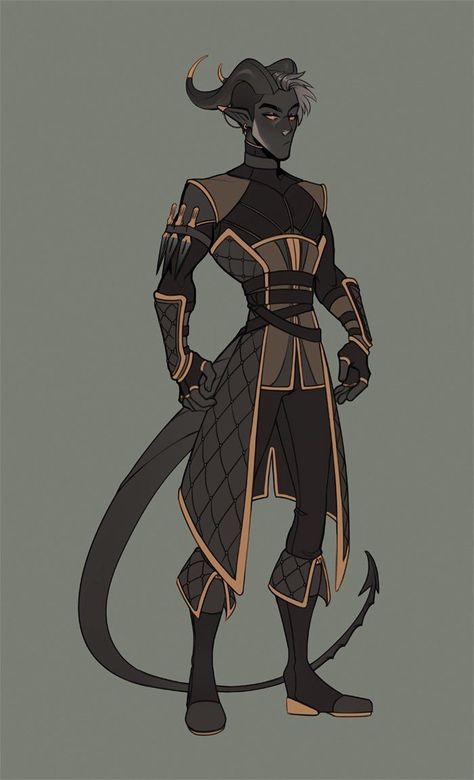 Fantasy Species Concept Art, Oc Outfits Drawing Male, Teifling Clothes, Tiefling Outfits, Dnd Fashion Male, Masculine Fantasy Outfit, Swamp Character Design, Tiefling Outfit, Goth Fantasy Outfit