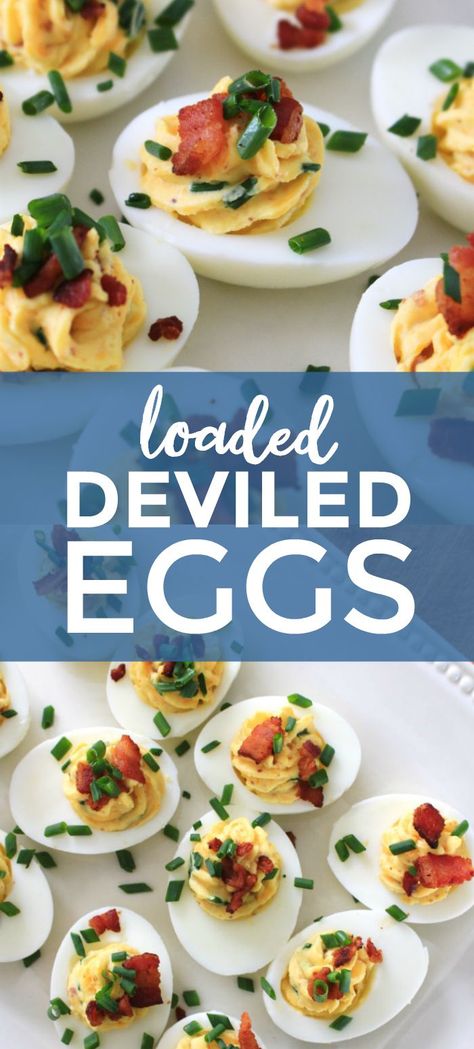 Loaded Deviled Eggs are fully loaded with cheddar cheese, bacon, chives, and horseradish mustard. You will want to serve them at every holiday and party! #deviledeggs #appetizer #eggs Loaded Deviled Eggs, Horseradish Mustard, Devil Eggs, Best Deviled Eggs, Bacon Deviled Eggs, Classic Appetizers, Deviled Eggs Recipe, Egg Yolks, Easy Appetizer Recipes