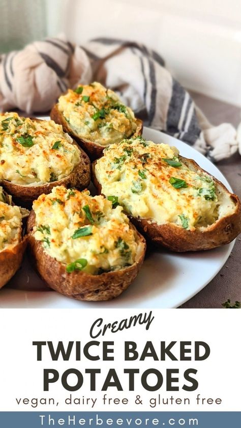 Vegan Twice Baked Potato Recipe (Dairy & Gluten Free) Paleo Baked Potato, Vegan Twice Baked Sweet Potatoes, Paleo Twice Baked Potatoes, Vegan Dutchess Potatoes, Gluten Free Twice Baked Potatoes, Gf Df Potato Recipes, Dairy Free Baked Potato Toppings, Potato Side Dishes Dairy Free, Potato Dishes Vegan