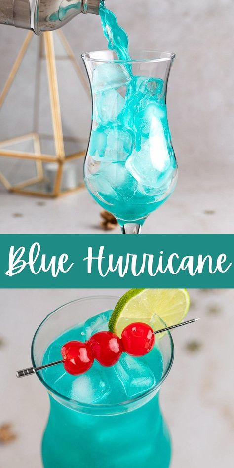 This blue hurricane drink is an easy summer cocktail or Mardi Gras inspired drink. Made in 5 minutes, this bright blue tropical drink is easy to make for a couple people or a large crowd. Blue Cocktails For A Crowd, Blue Uv Vodka Drink Recipes, Beach Mixed Drinks, Blue Summer Cocktails, Uv Blue Drinks Recipes, Signature Birthday Drinks Cocktails, Blue Alcohol Drink, Summer Adult Drinks, Blue Punch Recipe Alcohol