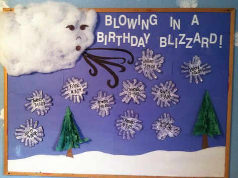 Handprint blizzard winter bulletin board. I used sewing batting for the cloud to make it 3D - winter Bulletin Board Ideas Elementary, Winter Bulletin Board Ideas, Winter Boards, Infant Teacher, December Bulletin Boards, Winter Bulletin Board, Kindergarten Bulletin Boards, Birthday Board Classroom, Christmas Bulletin Boards