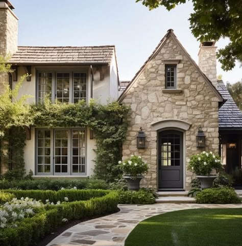 Dark French Country House Exterior, New Construction Cottage Homes, European Style Houses Interior, Tutor Revival House, Stone House Front Porch, Stone And White Exterior, French Country Mountain Home, English Cottage Home Exterior, Stone Houses Modern