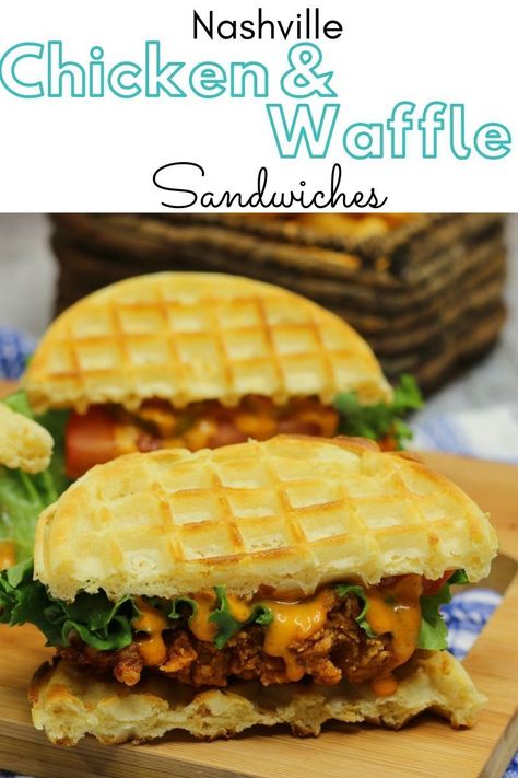 Nashville Chicken and Waffles Sandwich Recipe - Hello Betty Company Chicken And Waffles Sandwich, Dip Night, Waffle Wednesday, Waffle Sandwich Recipe, Nashville Chicken, Wraps Recipes, Happy Habits, Chicken Waffles, Breakfast Quiche Recipes