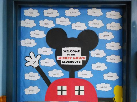 Mickey Bulletin Board Ideas, Mickey Mouse Daycare Theme, Mickey Mouse Clubhouse Classroom Theme, Mickey Mouse Classroom Door, Mickey Mouse Bulletin Board Ideas, Mickey Mouse Classroom Theme, Disney Library, Disney Bulletin Boards, Mickey Decor