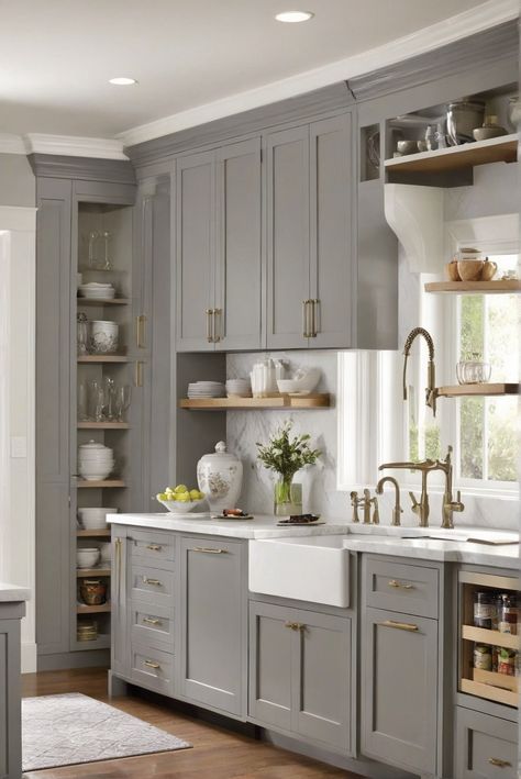 kitchen decor, classic gray cabinets, chic design, 2024 trends Rockport Gray Cabinets, Kitchen Decor Grey Cabinets, Classic Gray Kitchen Cabinets, Classic Gray Cabinets, Kitchen Ideas Grey, Bm Classic Gray, Light Gray Kitchen Cabinets, White And Gray Kitchen, Kitchen Cabinets Materials