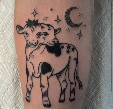 tattoo Two Headed Calf Tattoo, Two Headed Calf, Dr Tattoo, Cow Tattoo, Handpoke Tattoo, 4 Tattoo, Inspiration Tattoos, Calf Tattoo, Aesthetic Tattoo