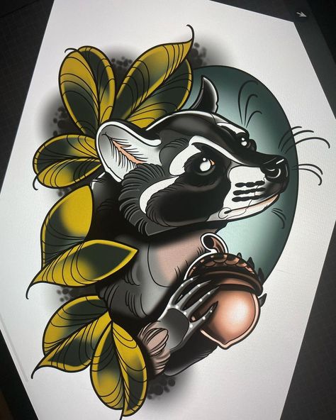 Racoon Tattoo, Edmonton Tattoo, Raccoon Tattoo, Themed Tattoos, Bear Tattoo Designs, Favorite Tattoos, School Portraits, Bear Tattoo, Tattoo Art Drawings