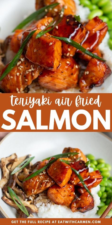 Air Fryer Teriyaki Salmon: Delicious teriyaki salmon cooked to perfection in the air fryer for a quick and healthy meal. Teryikie Salmon, Teriyaki Salmon Air Fryer Recipes, Teriyaki Salmon And Rice, Teriyaki Salmon Recipes, Fusion Foods, Quick Fall Recipes, Salmon Bites Recipe, Salmon Teriyaki, Fodmap Recipes Dinner