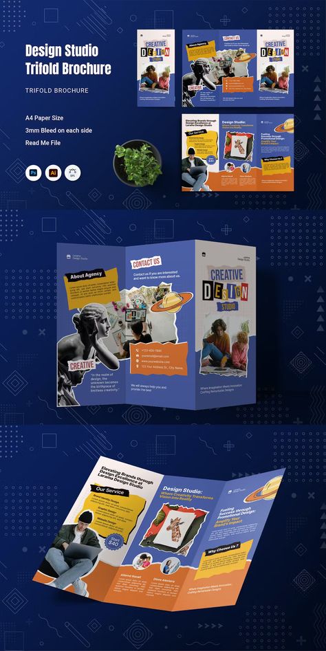 Design Studio Trifold Brochure Template AI, EPS, PSD Online Course Brochure Design, Brochure Website Design, Program Guide Design, Broshour Design Idea, Brochure Flyer Design, Ad Template Design, School Leaflet Design, Collage Flyer Design, Cool Brochure Design