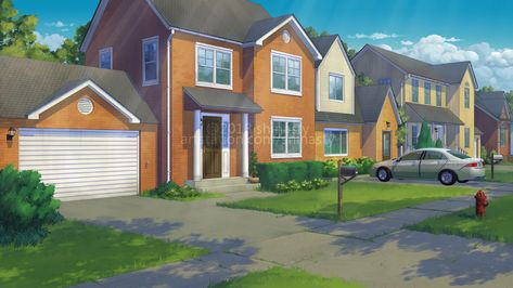 ArtStation - Neighborhood, Anastasia Ermakova Cool Desktop Wallpapers, Anime House, Episode Interactive Backgrounds, Anime Places, Anime City, Cute Panda Wallpaper, Background Ideas, Green Screen Backgrounds, Dreamy Room