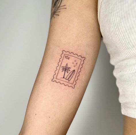 Thigh Knee Tattoos Women, Small Above Elbow Tattoo, Cali Inspired Tattoos, California Tatoos Ideas, California Related Tattoos, Tiny Island Tattoo, Stamp Tattoo California, Costa Rica Inspired Tattoos, Stamp Tattoo Location