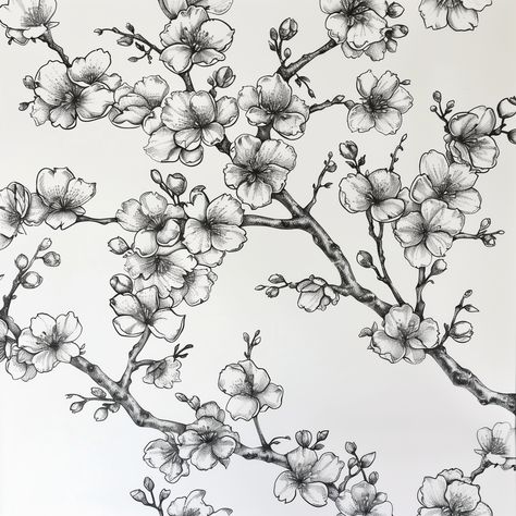 a cherry blossom pattern hand sketched with a black pen on a white background Cherry Blossoms Sketch, Cherry Blossom Sketch, Cherry Blossom Tree Drawing, Cherry Blossom Drawing, Tree Outline, Cherry Blossom Pattern, White Cherry Blossom, Sleeve Ideas, Black Pen