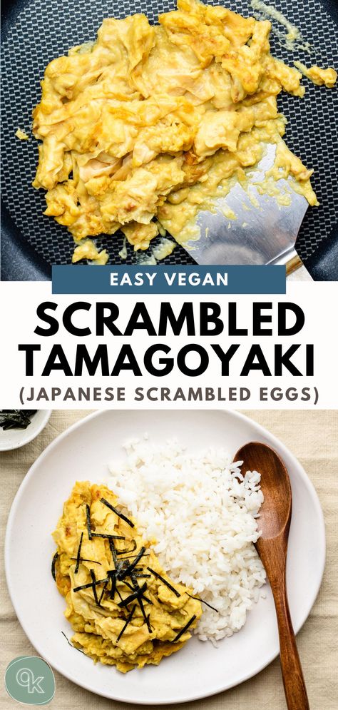 Yuba Recipes Dishes, Japanese Vegan Breakfast, Silken Tofu Scrambled Eggs, Yuba Recipes Vegan, Tofu Omelette Vegan, Japanese Scrambled Eggs, Vegan Omurice, Vegan Tamagoyaki, Egg Tofu Recipes