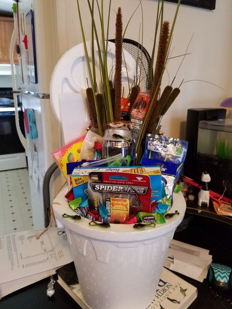 Golf Tournament Basket Ideas, Men Themed Gift Baskets, Fishing Raffle Basket Ideas, Baseball Fundraiser Basket Ideas, Cooler Fundraiser Basket, Baseball Silent Auction Basket, Fishing Basket Ideas For Men, Basket Donation Ideas Raffle Prizes, Sports Silent Auction Basket