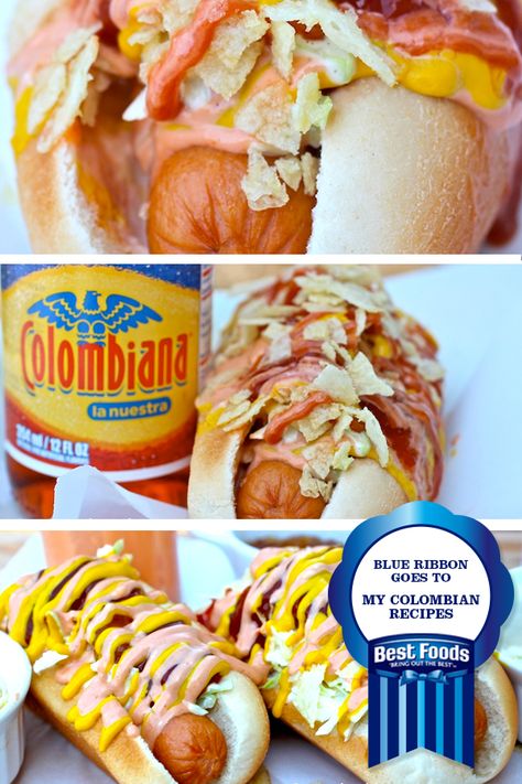 Colombian Hot Dogs from My Colombian Recipes using mayonnaise. Recipes Using Mayonnaise, Colombian Hot Dog, Colombia Party, Colombian Snacks, Colombia Food, Colombian Dishes, Colombian Recipes, Pineapple Sauce, Pink Sauce