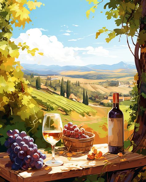 Bottle of wine with glass of wine, and grapes on a table overlooking wine country farmland in the background Winery Drawing, Wine Art Illustration, Winery Painting, Drawing Grapes, Fruit Basket Drawing, Wine Drawing, Grape Drawing, Grapes And Wine, Wine Background