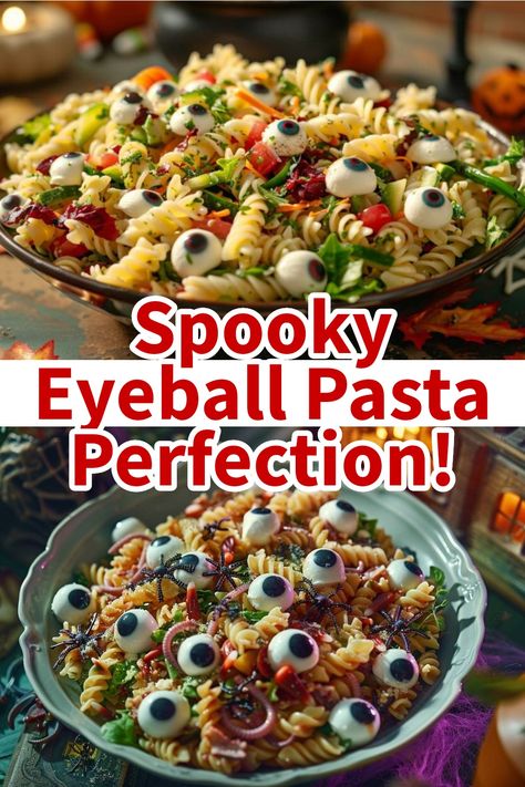 A spooky pasta salad featuring mozzarella cheese balls designed to look like eyeballs for a creepy culinary delight. Bats And Cobwebs Pasta, Halloween Food Main Dish, Halloween Food With Eyes, Eye Ball Halloween Food, Spooky Sides For Halloween, Halloween Pesto Pasta, Easy Halloween Supper Ideas, Mozzarella Eyeballs Halloween Party, Spooky Halloween Finger Foods