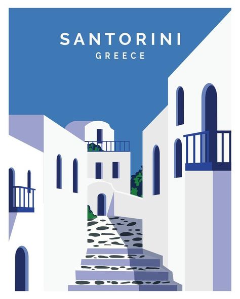 Santorini Vector, Santorini Illustration, Places Illustration, Greek Illustration, Mediterranean Artwork, Greece Illustration, Travel Vector Illustration, Santorini Poster, Thai Font