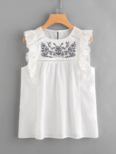 Embroidered Yoke Eyelet Frill Trim Shell Top Yoke Top, Frock Fashion, Diy Vetement, Fashion Tops Blouse, Shell Top, Shell Tops, Embroidery On Clothes, Frock Design, Embroidered Clothes