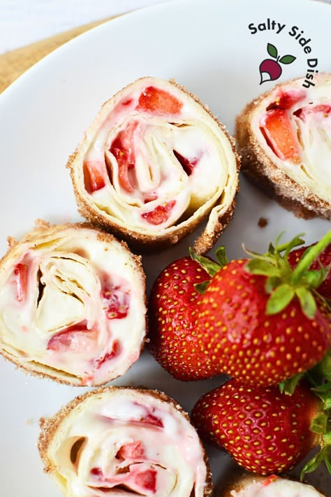 Strawberry Cream Cheese Party Pinwheels are a cream cheese cheesecake spread with chopped fresh strawberries, rolled with cinnamon sugar. Cinnamon Pinwheels Recipes, Strawberry Cream Cheese Pinwheels, Christmas Roll Ups Cream Cheeses, Dessert Pinwheels Roll Ups, Pinwheel Charcuterie Board, Dessert Roll Ups, Tortilla Roll Ups Cream Cheese, Strawberry Pinwheels, Fruit Pinwheels