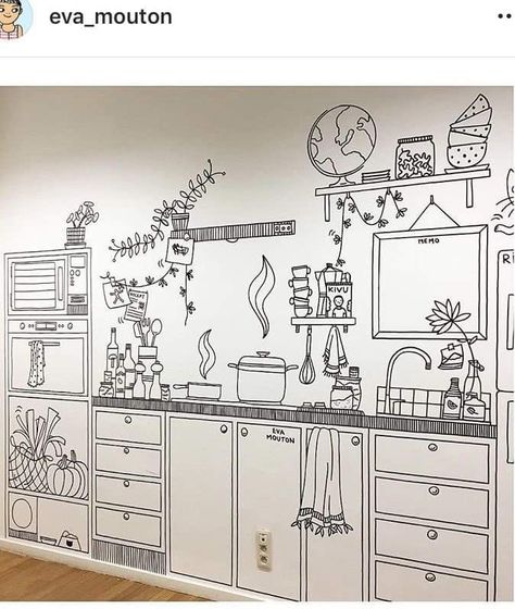 Doodle Art For Cafe Wall, Mural Kitchen Wall, School Wall Art Ideas, Washi Tape Wall, Doodle Wall, Create A Comic, House Wall Design, Boutique Inspiration, School Murals