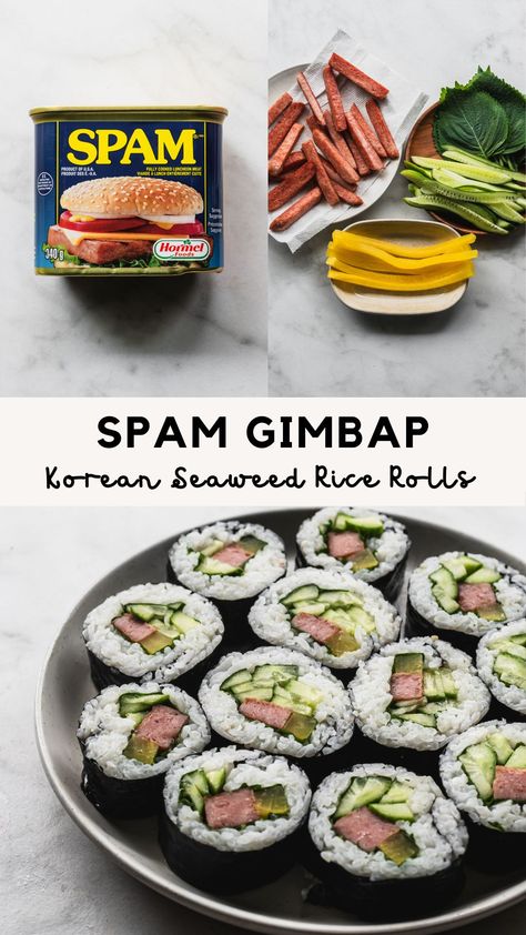 A super simple Korean Gimbap recipe with Spam? Yes, please! Spam Gimbap is the perfect Korean snack, appetizer, side dish, or main meal. Rolled into a sheet of Nori and brushed with sesame oil, these Korean seaweed rice rolls are easy to make and taste so good. Make for the kids or enjoy a big platter by yourself. YUM! Spam Recipes Dinners Easy, Spam Recipes Dinners, Gimbap Recipe, Seaweed Rice, Spam Recipes, Rice Rolls, Asian Side Dishes, Korean Food Recipes, Fusion Dishes