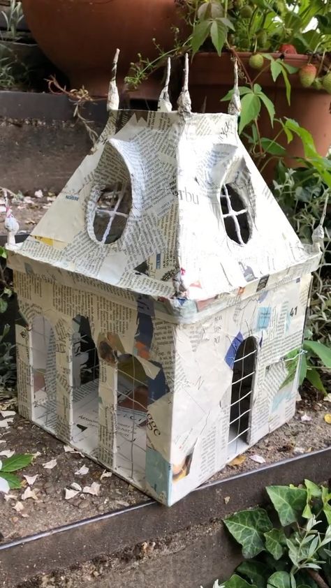 Did the next steps on my little papier-mâché garden pavilion 🏰 built the details for the roof and added the removable back facade... Happy … | Instagram Paper Mache House Diy, Paper Mache Cat House, Paper Mache Dollhouse, Mini Paper Mache, Paper Mache Fairy House, Paper Mache Doll House, Cool Craft Projects, Mini Houses Diy, Paper Mache Crafts Diy