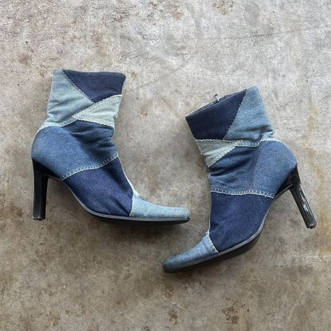 Y2K L.E.I Patchwork Denim Heels Women’s Size... - Depop Grunge Coquette, Denim Heels, Denim Boots, Patchwork Denim, 2000s Vintage, Vintage Grunge, Denim Patchwork, Y2k 2000s, Women's Pumps