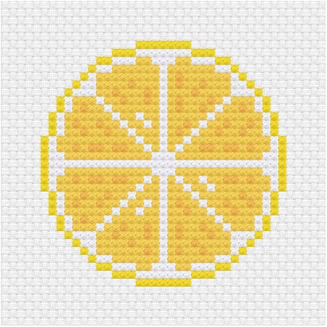 The third upload in sliced fruit cross stitch pattern series for patreon.    Lemon cross stitch pdf pattern - Ringcat    #crossstitchpattern #lemon #slicedfruit Fruit Cross Stitch, Fruit Cross, Sliced Fruit, Cross Stitch Fruit, Nature Cross Stitch, Small Cross Stitch, Pola Kristik, Cross Stitch Bookmarks, Mini Cross Stitch