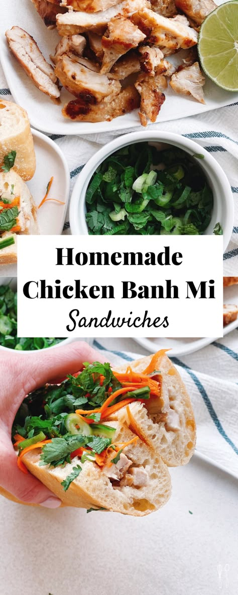 The best homemade sandwich!! Homemade Chicken Banh Mi with coconut marinated chicken and pickled veggies! Bhan Mi Chicken, Bahn Mi Sauce, Chicken Bahn Mi Sandwich, Chicken Bahn Mi, Chicken Banh Mi, Sandwich Homemade, Macro Meal Plan, Bahn Mi, Banh Mi Sandwich