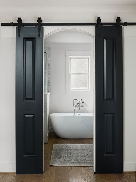 Modern Farmhouse Bathroom Custom Barn Doors - Painted Blue Black by Farrow and Ball Makeover Kamar Mandi, Pintu Interior, Custom Barn Doors, Modern Farmhouse Bathroom, Small Farmhouse, Black Doors, Interior Barn Doors, Bathroom Renos, Farmhouse Style House