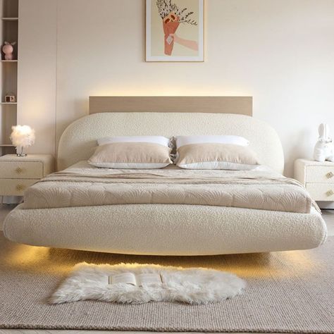 Lighted Bed Frame, Large Bed Frame, Soft Bed Frames, Fuzzy Bed Frame, Bed Frame Inspiration, Cute Bed Frames Queen, White Floating Bed, Cozy Bed Frames, Cute Bed Frames