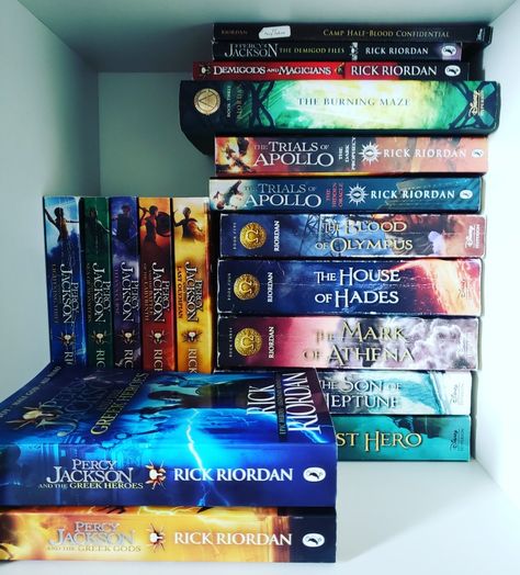 Percy Jackson Collection, Percy Jackson Book Collection, Percy Jackson Book Aesthetic, Percy Jackson Books Aesthetic, Apollo Rick Riordan, Trials Of Apollo, Magnus Chase, Percy Jackson Memes, Kane Chronicles