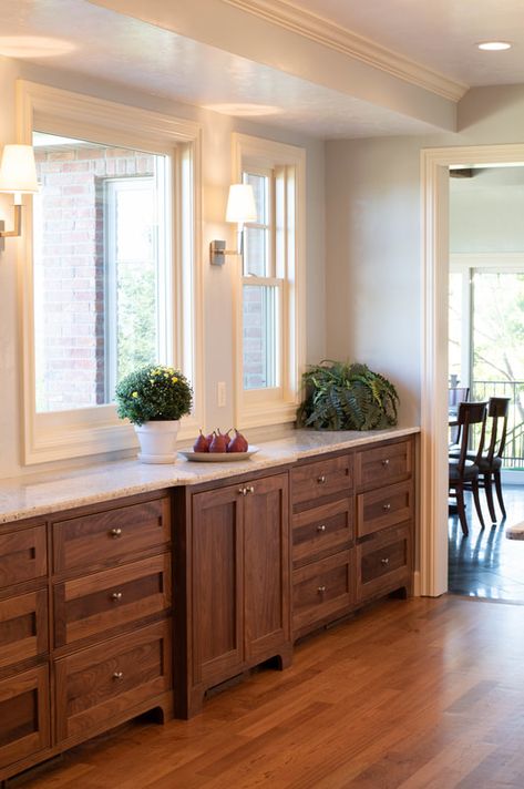 Mixed Wood Cabinets Kitchen, Timeless Wood Cabinets, Wood Inset Kitchen Cabinets, Kitchens With Walnut Cabinets, Walnut And Cream Kitchen Cabinets, Inset Wood Cabinets, Walnut Shaker Cabinets, Mahogany Wood Kitchen Cabinets, Walnut Built Ins