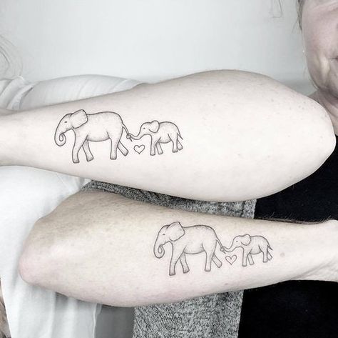 20 Meaningful Mother and Daughter Tattoos - The Trend Spotter Mum And Daughter Tattoo, Children Tattoos, Mother And Daughter Tattoos, Connecting Tattoos, Mommy Daughter Tattoos, Baby Elephant Tattoo, Mum Tattoo, Mom Daughter Tattoos, Mom And Baby Elephant