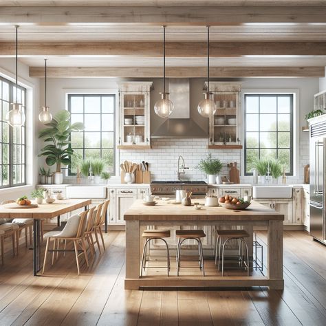 This should comprise of bright, open spaces with large windows allowing in plenty of natural light. Key elements to include are a farmhouse sink, a large wooden dining table that speaks volumes of family gatherings, a kitchen island with a butcher block countertop, and white subway tiles for the backsplash. Appliances should be in stainless steel for a blend of antique and modern. To bring it all together, infuse it with contemporary light fixtures and touches of greenery such as indoor plants. Farmhouse Open Floor Plan, Modern Rustic Kitchen Design, Light And Airy Kitchen, Rustic Kitchen Design Ideas, Modern Rustic Kitchen, Airy Kitchen, Open Concept Kitchen Living Room, Concept Kitchen, Rustic Modern Kitchen