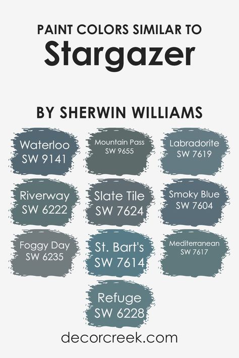 Similar colors are crucial in design, offering a cohesive aesthetic. Sherwin Williams' palette includes soothing and deep tones like Waterloo, Riverway, and Foggy Day, each evoking distinct emotions and adding depth. These hues, including Refuge, Mountain Pass, and Slate Tile, complement each other, creating a harmonious design scheme. St. Bart’s, Labradorite, and Smoky Blue add vibrancy, while Mediterranean infuses energy, completing the collection. Labradorite Paint Sherwin Williams, Sw Slate Tile Exterior, Sw Mountain Pass Paint, Sw Slate Tile Paint, Slate Blue Paint Colors Sherwin Williams, Mountain Pass Sherwin Williams, Refuge Sherwin Williams, Sherwin Williams Mediterranean, Sw Refuge