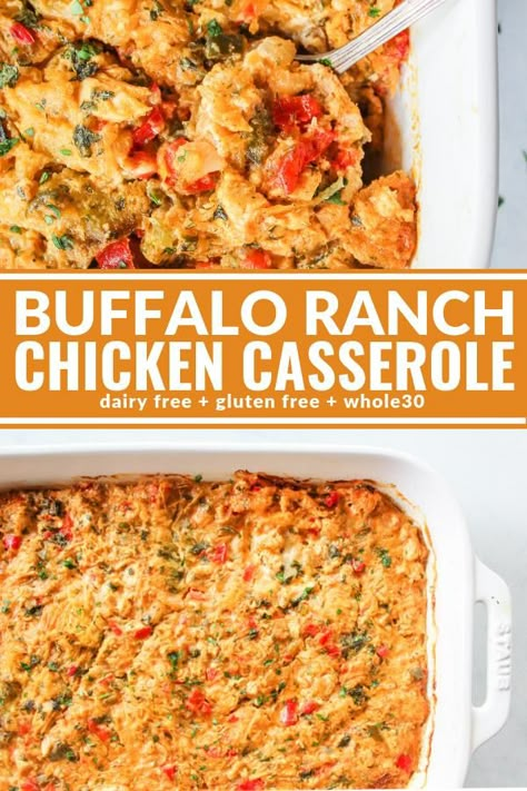 This Buffalo Ranch Chicken Casserole feels like a truly great comfort food but it's completely Whole30 compliant, dairy free, & gluten free! It's made with spaghetti squash and so good I bet you'll never miss the dairy or traditional noodles. Buffalo Ranch Chicken, Ranch Chicken Casserole, Buffalo Ranch, Dairy Free Gluten Free, Recipe 30, Ranch Chicken, Easy Soup Recipes, Chicken Casserole, Whole 30 Recipes