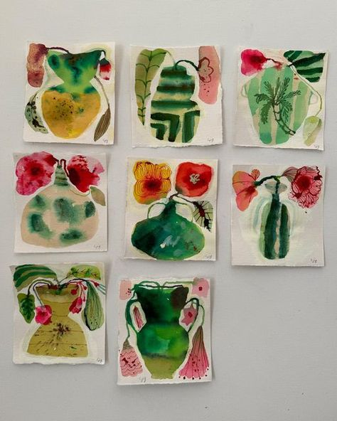 Carolyn Jenny Gavin on Instagram: "Green is in.   🥑🌿🍈  New series of vases in the shop.  SET #1 SET #2 SOLD   #carolyngavin #green #minipaintings #series #vases #watercolour #greenisin #emeraldgreen #kellygreen #asparagusgreen #olivegreen #seagreen #forestgreen #jadegreen pink+green" Helen Wells, Carolyn Gavin, Mindful Art, Flower Shapes, Art Basics, Abstract Floral Art, Mini Paintings, Crafty Stuff, New Series