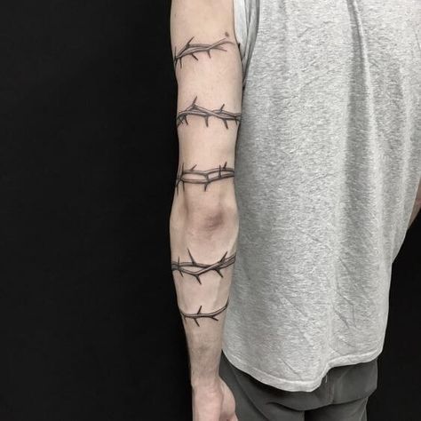 Rose Thorn Tattoo, Thorn Tattoo, Barbed Wire Tattoos, Around Arm Tattoo, Armband Tattoo Design, Rose Thorns, Omerta Tattoo, Skeleton Hand Tattoo, Back Of Shoulder Tattoo