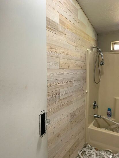 Easy Shiplap, Peel And Stick Wood Planks, Farmhouse Accent Wall, Brick Tile Floor, Rustic Modern Bathroom, Wood Plank Wall, Faux Wood Wall, Modern Bathroom Renovations, Shiplap Wood