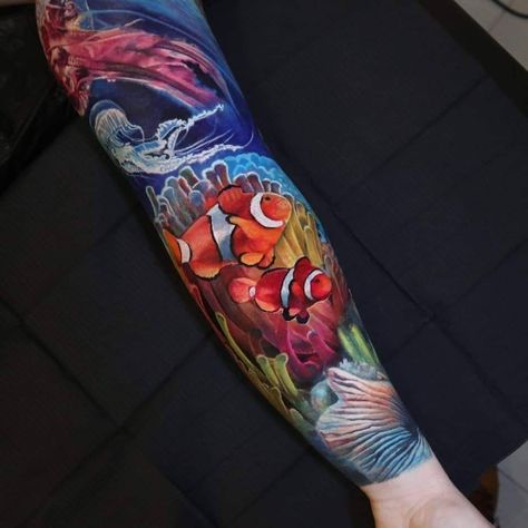 Ocean Theme Tattoos, Mermaid Sleeve Tattoos, Ocean Sleeve Tattoos, Underwater Tattoo, Nautical Tattoo Sleeve, Ocean Sleeve, 000 Tattoo, Casino Tattoo, Colored Tattoo Design