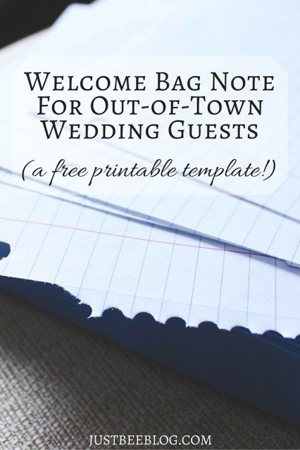 Wedding Wednesday: Welcome Bag Note For Out-of-Town Guests - Just Bee Welcome Cards For Wedding Guests, Gift Bags For Out Of Town Wedding Guests, Out Of Town Wedding Guest Bags Ideas, Out Of Town Guest Welcome Bags, Wedding Welcome Bag Note, Gifts For Out Of Town Wedding Guests Hotel Welcome Bags, Out Of Town Wedding Guest Bags, Wedding Gift Bags For Hotel Guests, Welcome Note For Wedding Guests