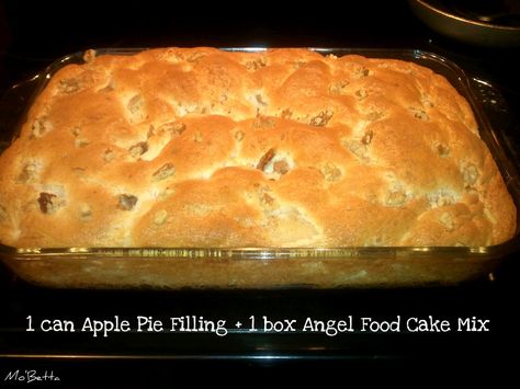 2-ingredient Apple Angel Food Cake: 1 can of Pie Filling (any flavor, I used apple) 1 box of Angel Food Cake Mix, Nuts (optional). Mix can of pie filling with dry cake mix. Stir until blended. Pour in a greased/sprayed 9 x 13 baking dish. Top with walnuts if desired. Bake at 350 for about 20-30 Apple Angel Food Cake, Recipe With Apple, Apple Pie Filling Recipe, Angel Food Cake Mix, Apple Pie Filling Recipes, Canned Apple Pie Filling, Angel Food Cake Mix Recipes, Pie Filling Recipes, Cake Mug